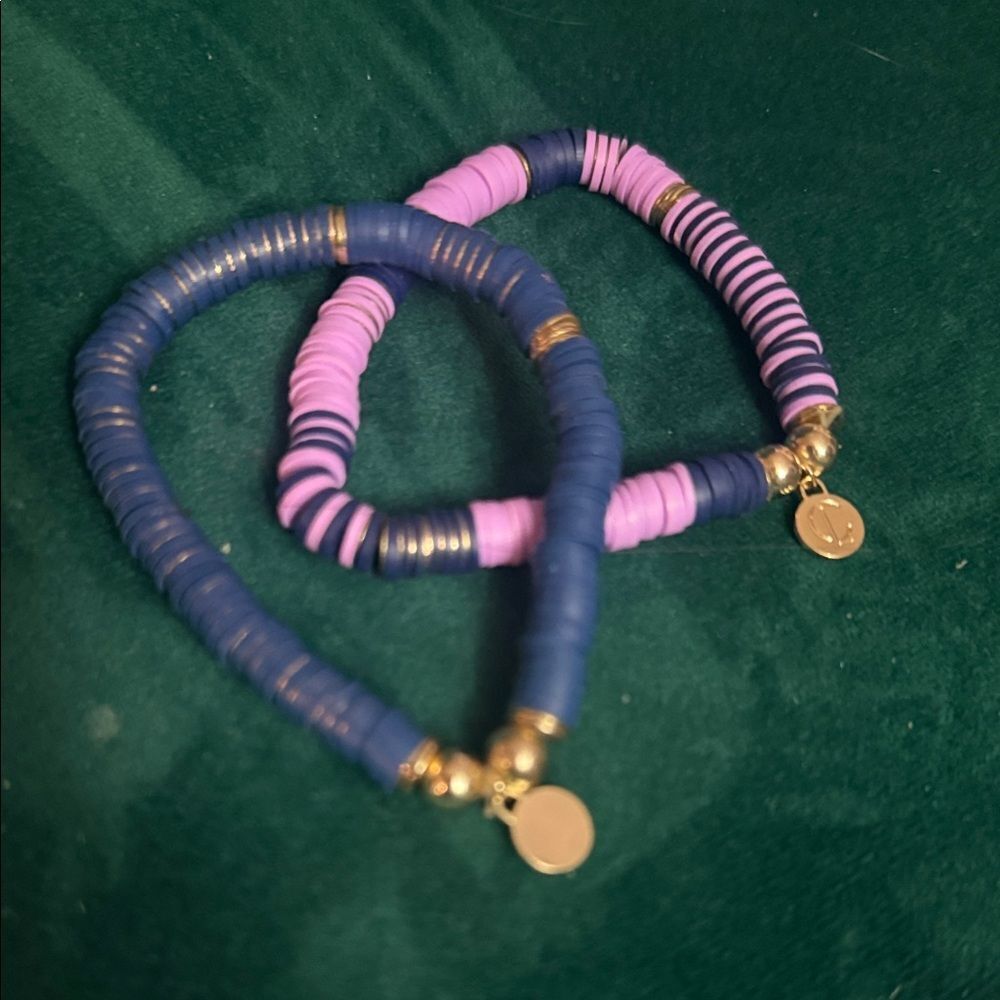 Blue and Purple Beaded Bracelets (2) Stretch with Gold Accents NEW (Set of 2)